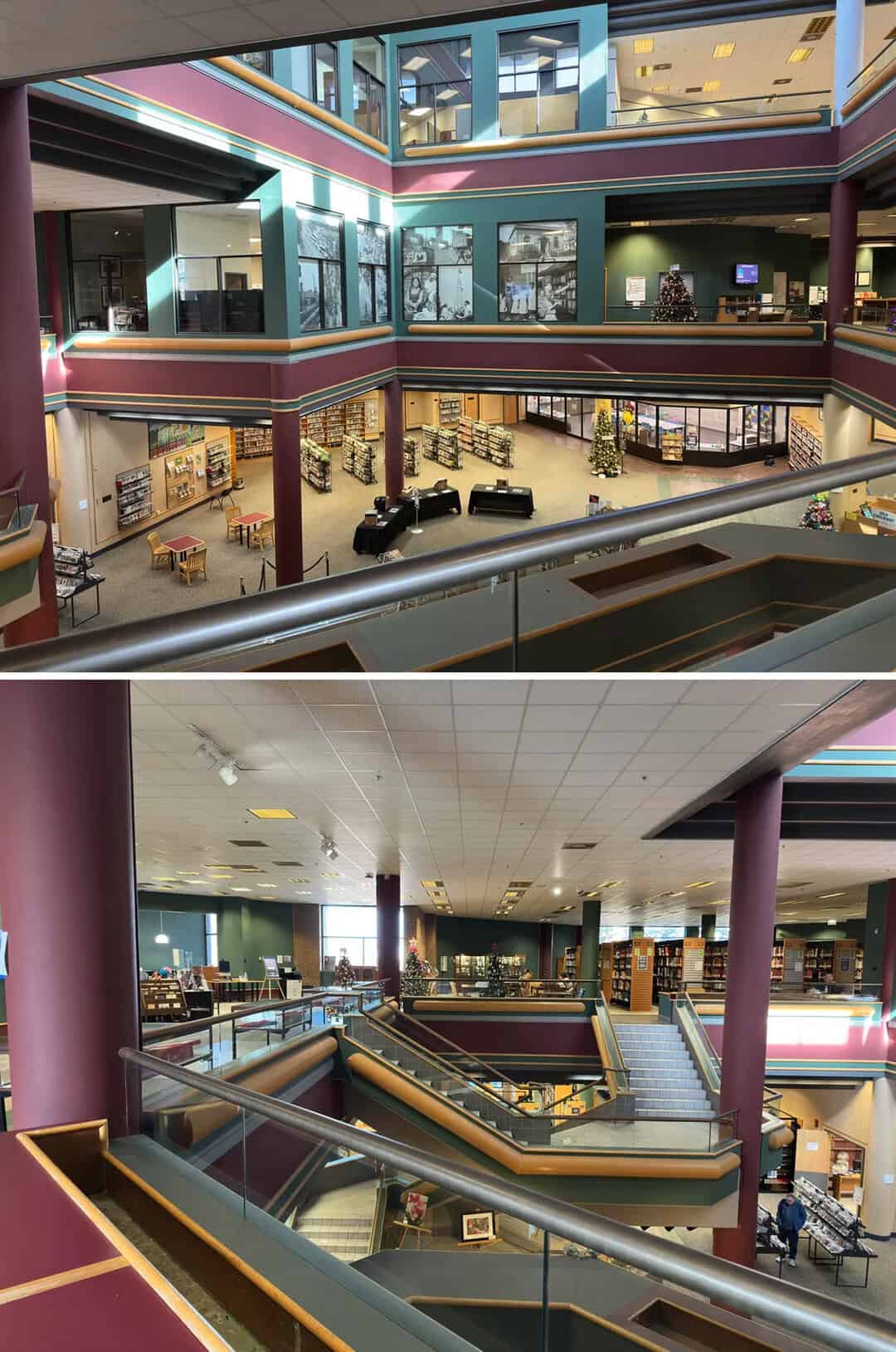 Colorful multi-level shopping mall with escalators and bookshelves.