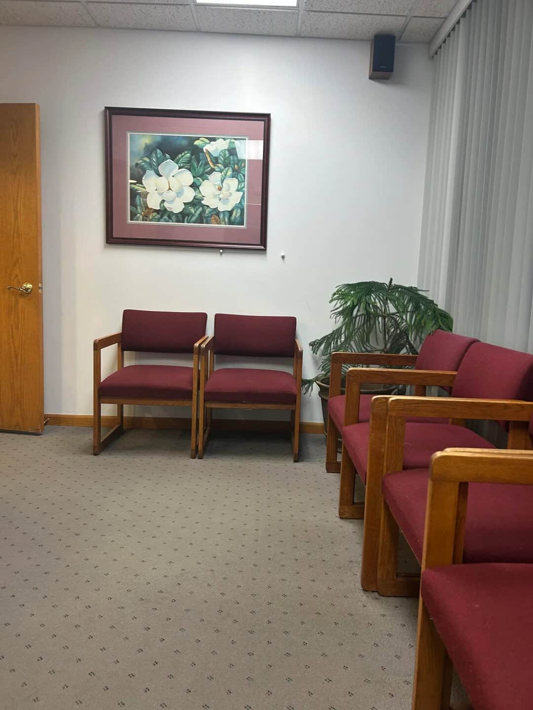 Waiting room with maroon chairs, a framed floral picture, and a potted plant.