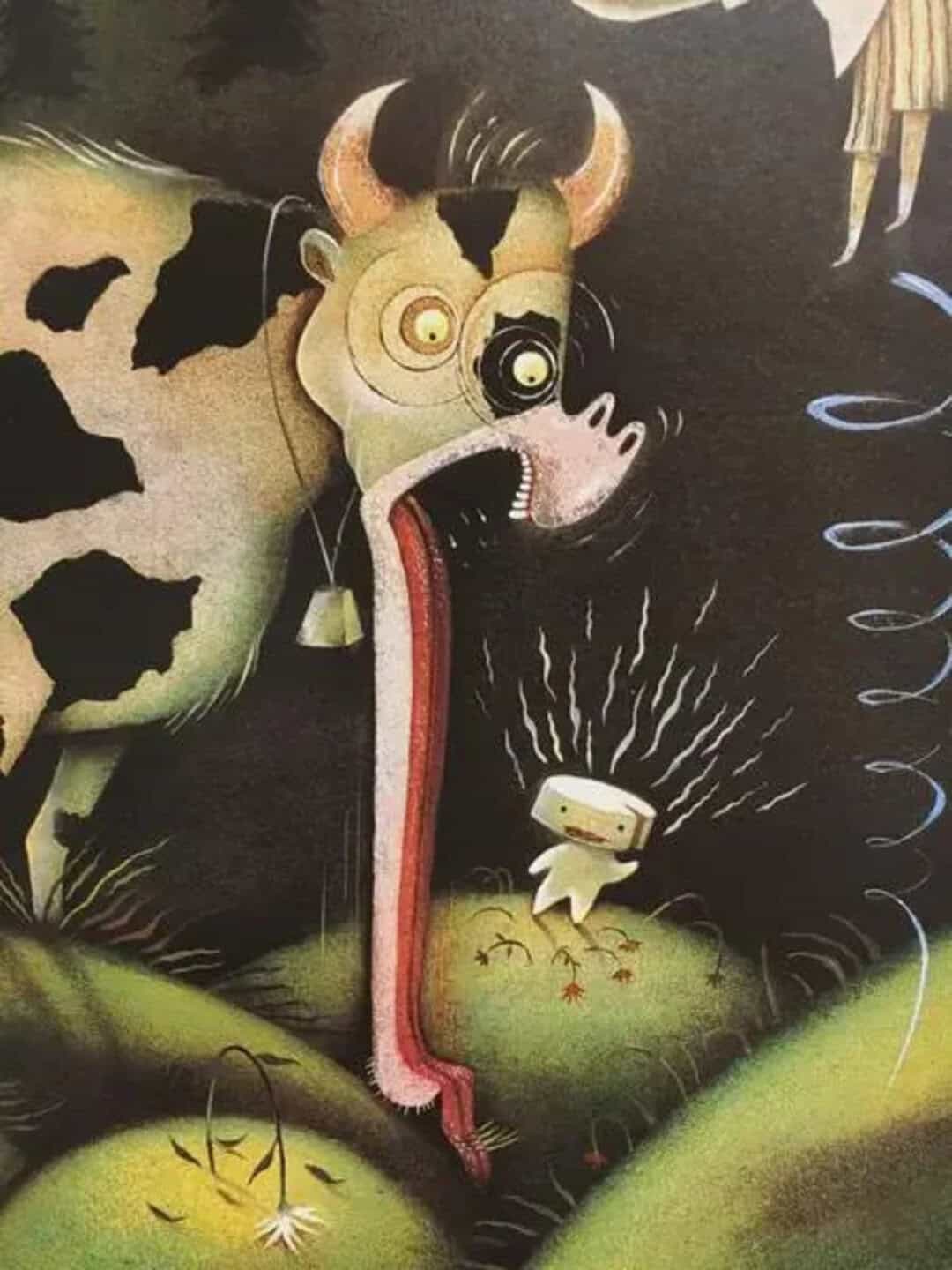 Surreal cow with a long tongue and a small creature in a dark forest.