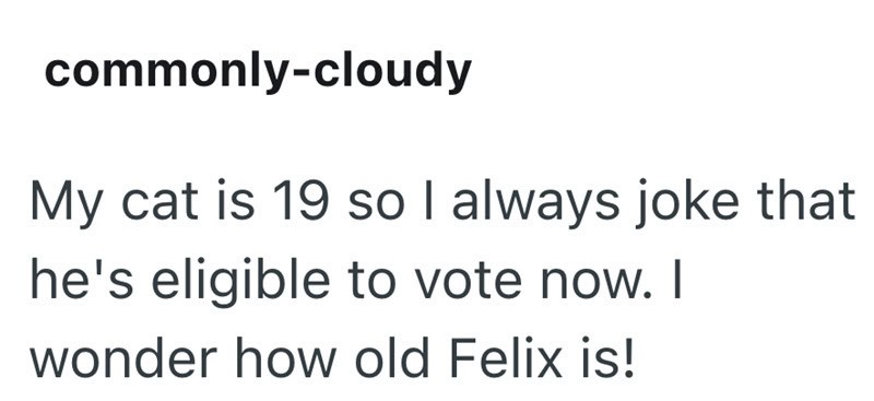 My 19-year-old cat is eligible to vote now, I wonder how old Felix is!.