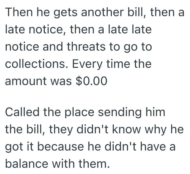 Text about bills, late notices, and collection threats.
