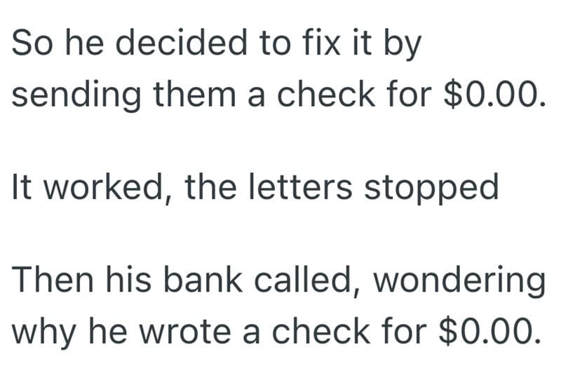 A humorous text about fixing a check for $0.00 to stop letters.