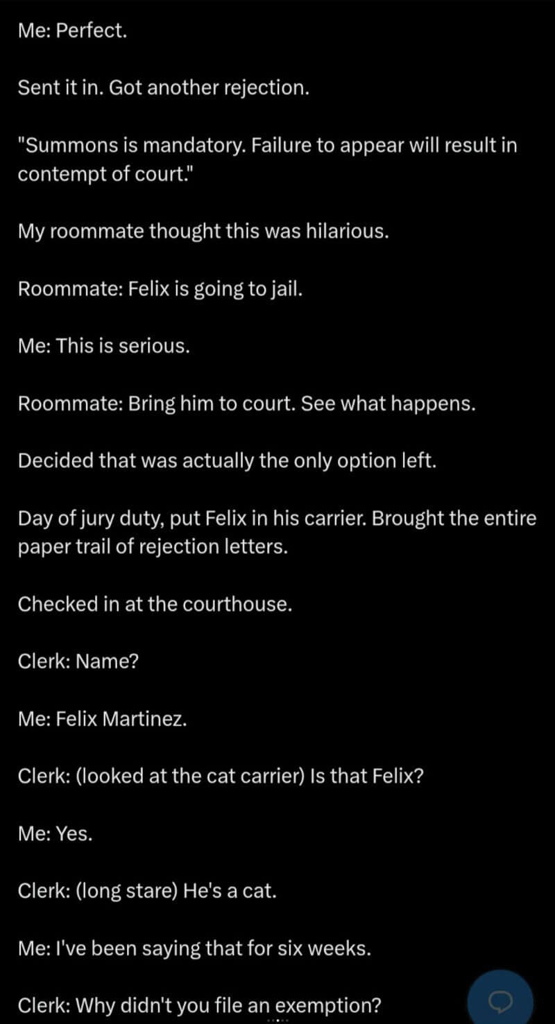 A text-based story about Felix the cat summoned for jury duty.