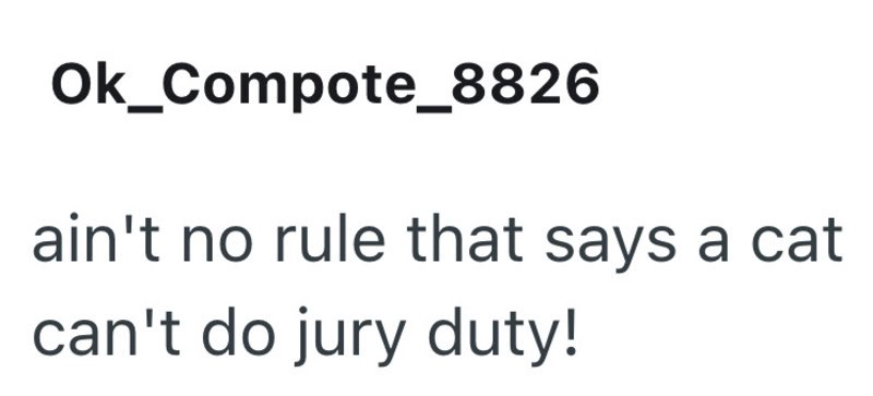 A cat with a humorous caption about jury duty.