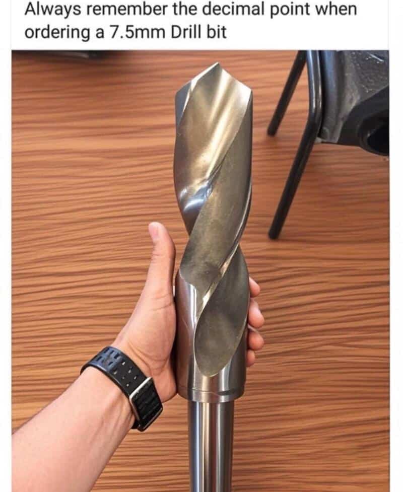 Large drill bit held in hand, with text about ordering a 7.5mm drill bit.
