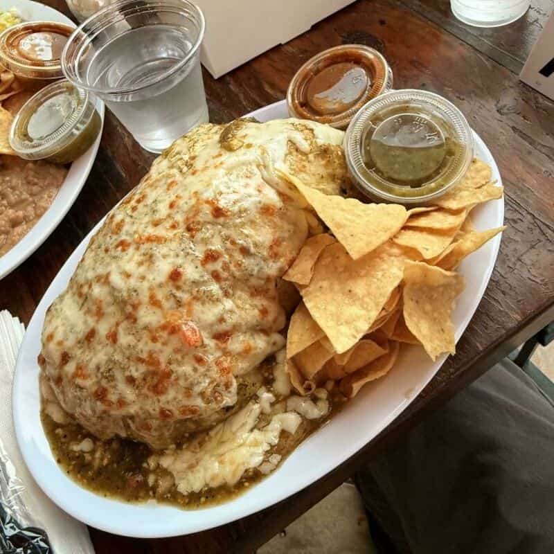 Large burrito with cheese, chips, and salsa on a white plate.
