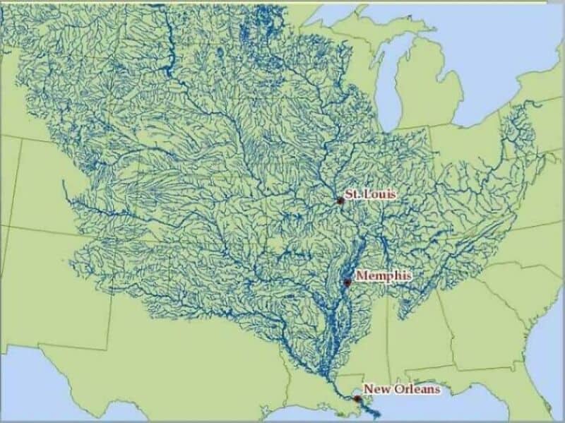 Map of the Mississippi River and its tributaries, highlighting St. Louis, Memphis, and New Orleans.