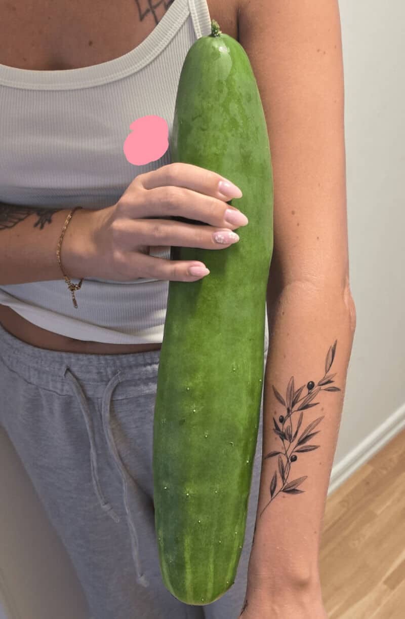 Person holding a large cucumber, showing its size compared to their arm.
