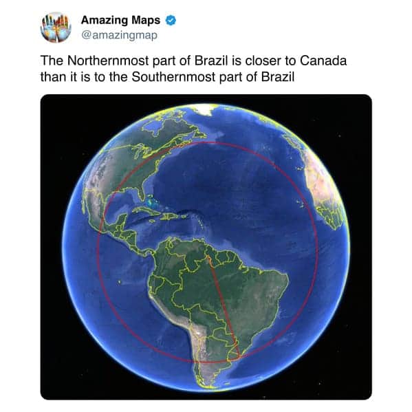 Map showing the Northernmost part of Brazil closer to Canada than the Southern part.