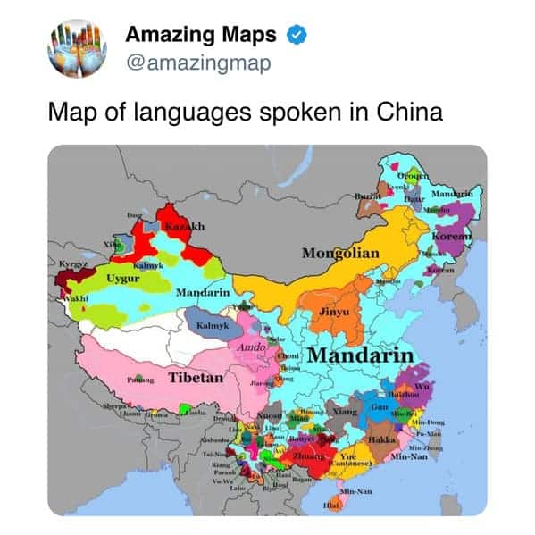 Map of languages spoken in China showing regions and their languages.