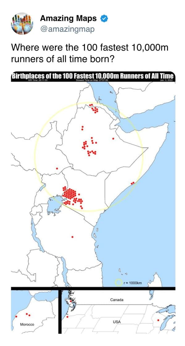 Map showing the birthplaces of the 100 fastest 10,000 runners of all time.