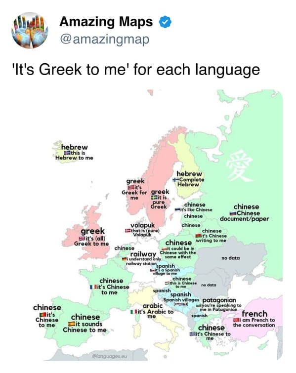 Map of Europe with language names and phrases in various languages, including Greek, Hebrew, Chinese.
