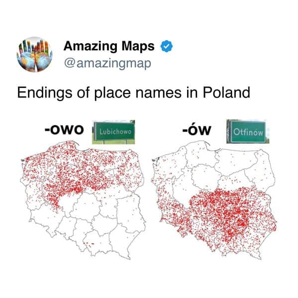 Map showing place name endings in Poland: -owo and -ów with red dots.