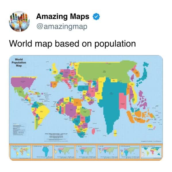 World map based on population with colorful country shapes and a legend at the bottom.