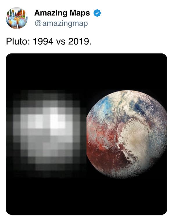 Comparison of Pluto in 1994 and 2019, showing increased detail in 2019.