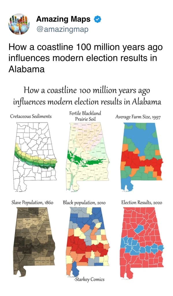 Map showing how ancient coastline influences Alabama's election results.
