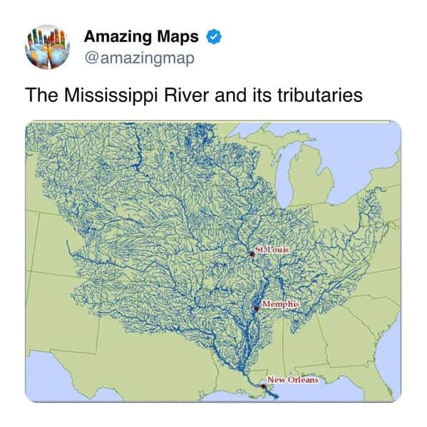 Map of the Mississippi River and its tributaries, including St. Louis, Memphis, and New Orleans.