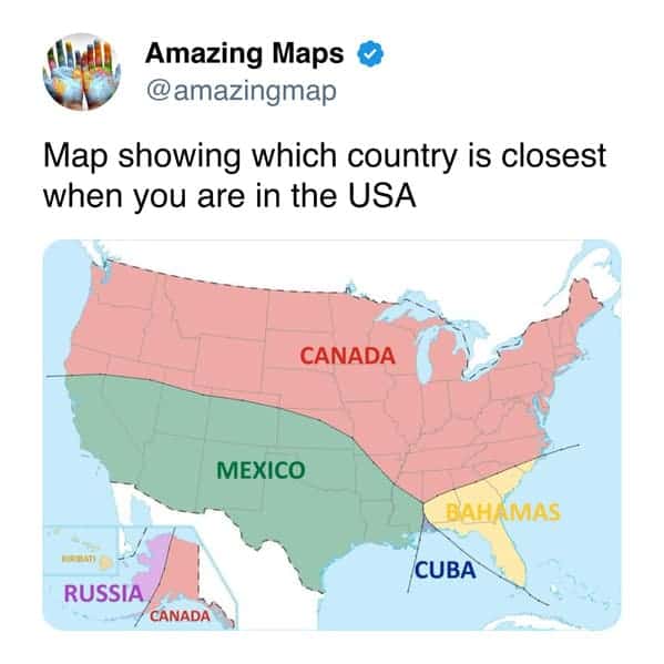 Map showing which country is closest when in the USA, including Canada, Mexico, Cuba, Bahamas, and a.