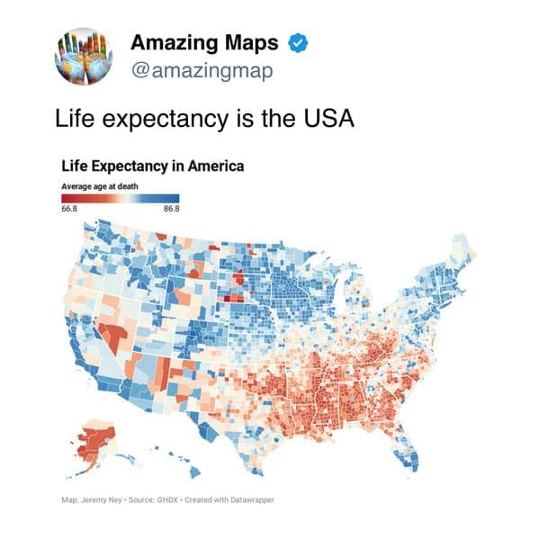 Map of the USA showing life expectancy with blue and red shades.
