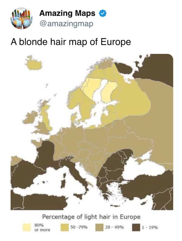 Map of Europe showing percentage of light hair, from 80%+ to 1-19%.