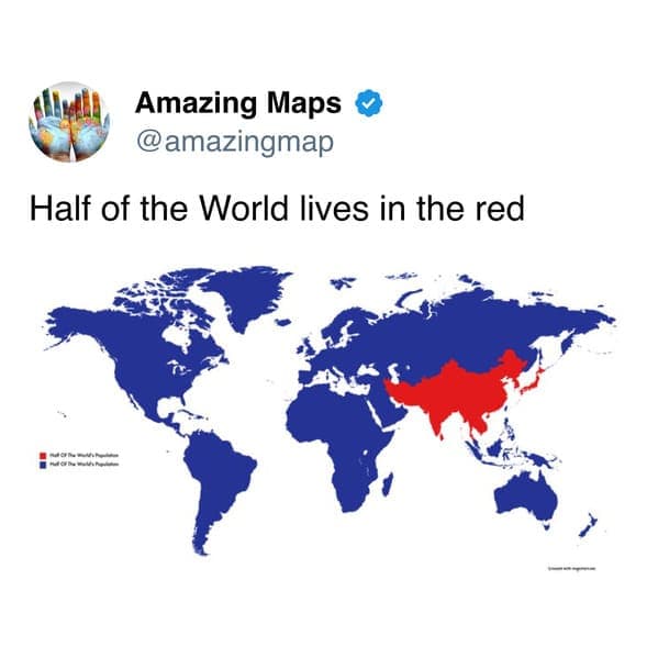 Map showing half the world in red, highlighting China and surrounding countries.