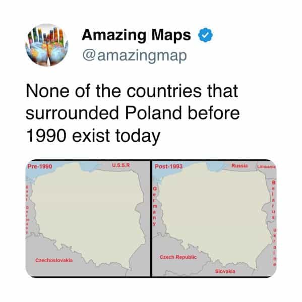 Comparison of Poland's borders before 1990 and after 1993 with neighboring countries.