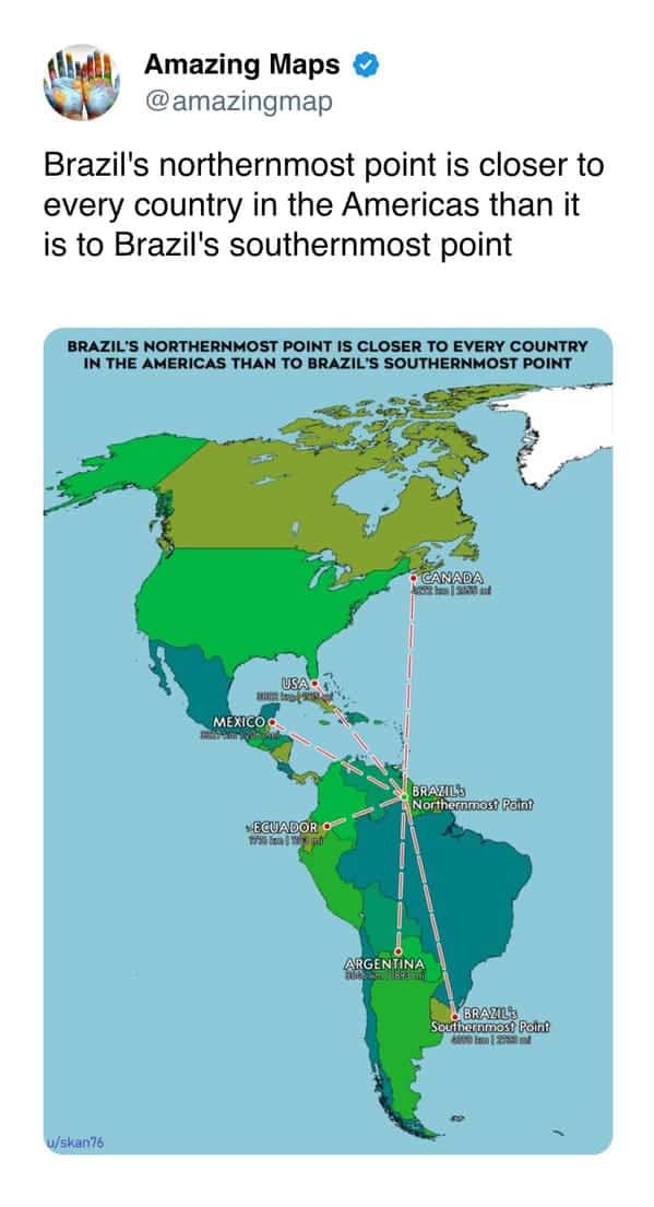 Map showing Brazil's northernmost point closest to every country in the Americas.