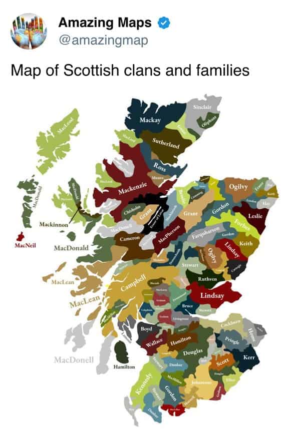 Map of Scottish clans and families with colorful regions and clan names.