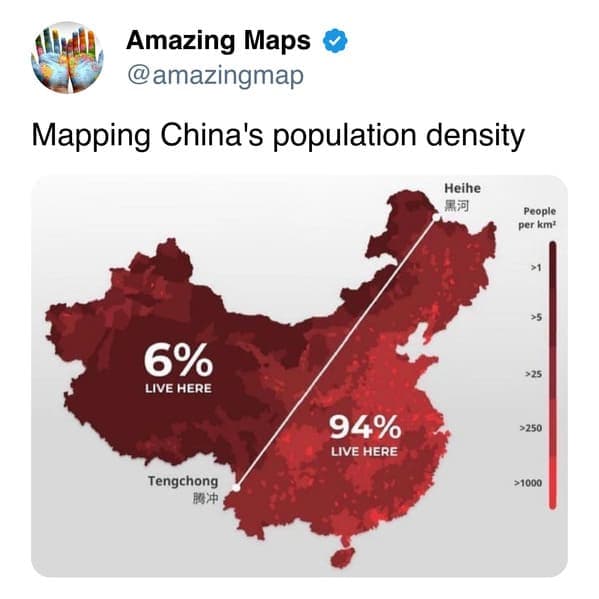 Map of China showing population density with 6% in Tengchong and 94% in Heihe.