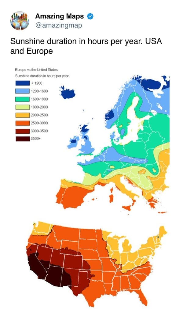 Map showing sunshine duration in hours per year in USA and Europe.