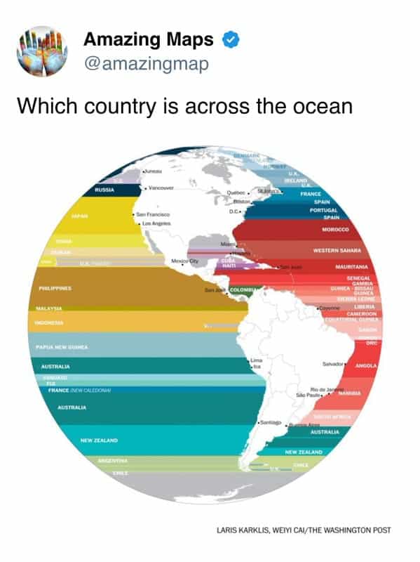 Map showing countries across the ocean with labels for each.