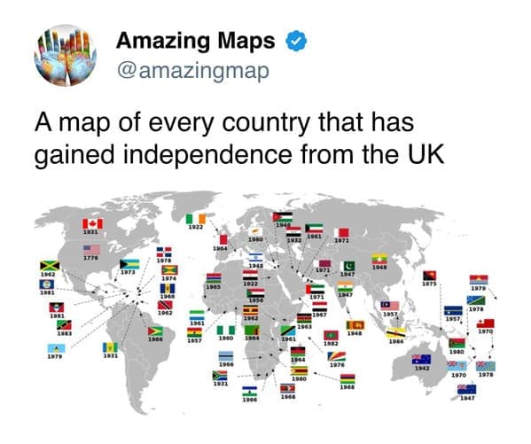 Map of countries gaining independence from the UK with flags and years.