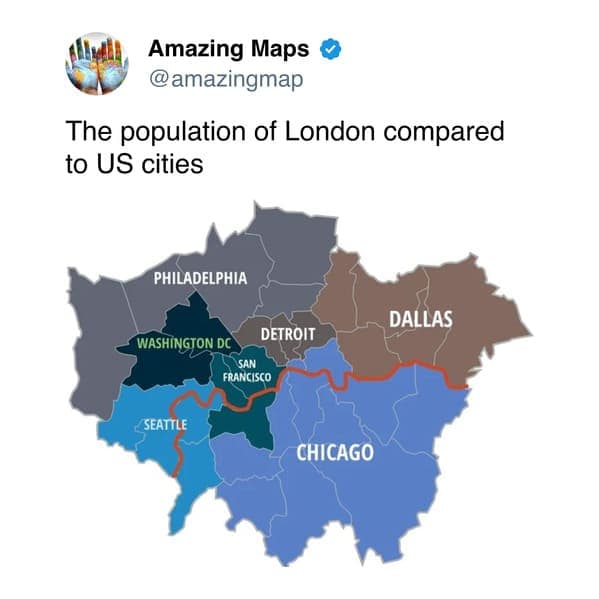 Map comparing London population to US cities like Washington DC, Chicago, and others.