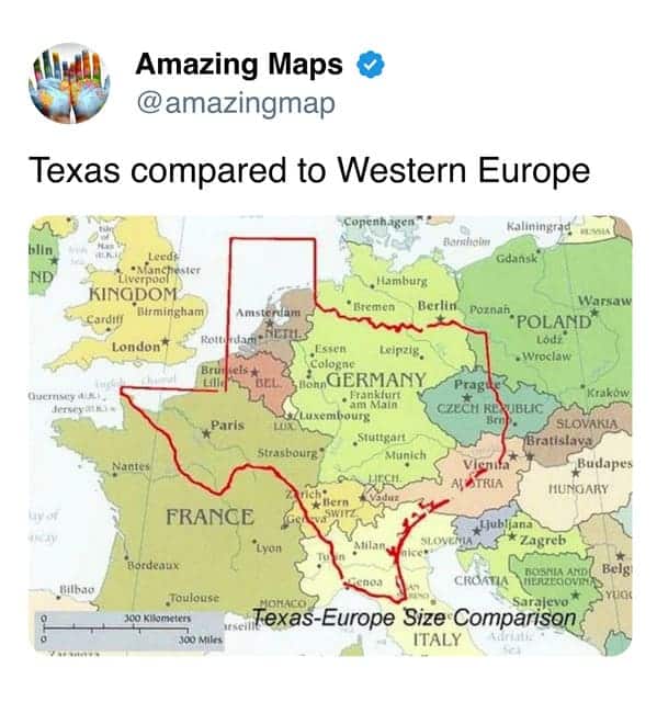 Map comparing Texas to Western Europe with red outline and arrows.