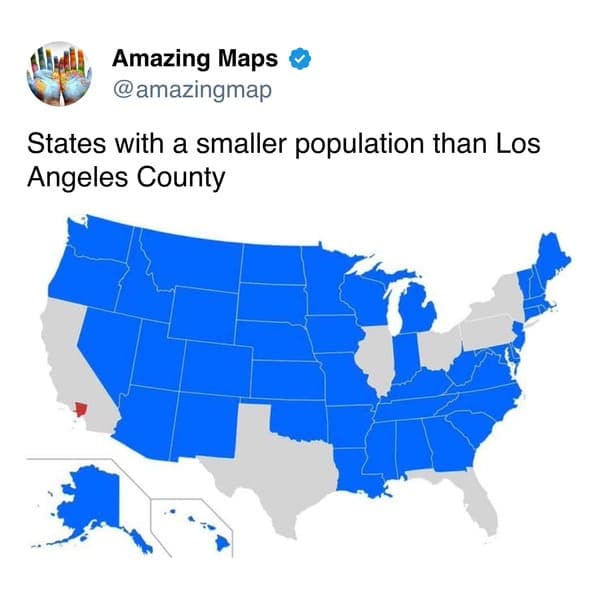Map of US states with smaller populations than Los Angeles County, highlighted in blue.