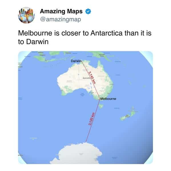 Map showing Melbourne closer to Antarctica than Darwin with distances 3,120 km and 4,410 km.