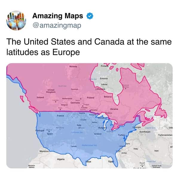 Map showing the US and Canada at the same latitudes as Europe.