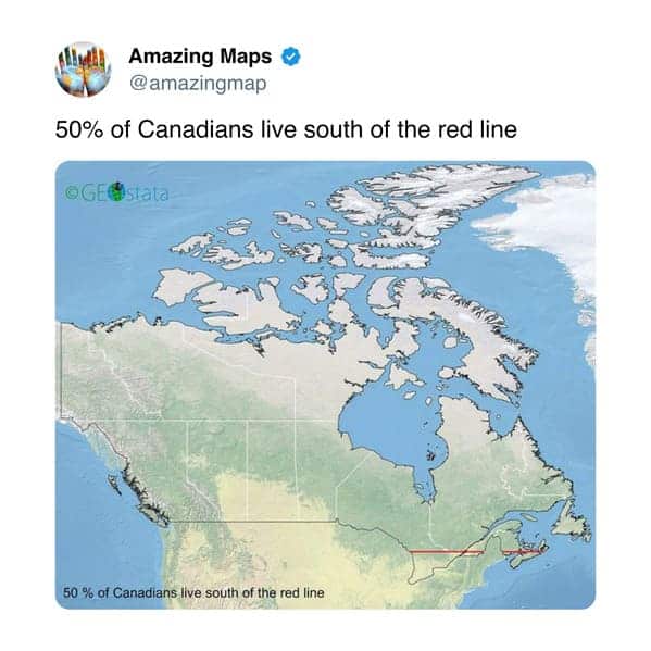 Map of Canada showing 50% of Canadians live south of the red line.