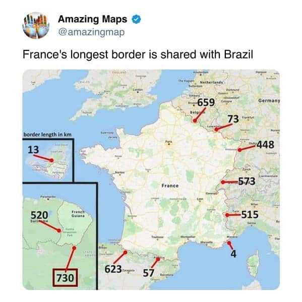 France's longest border shared with Brazil, 730 km long, shown on map.