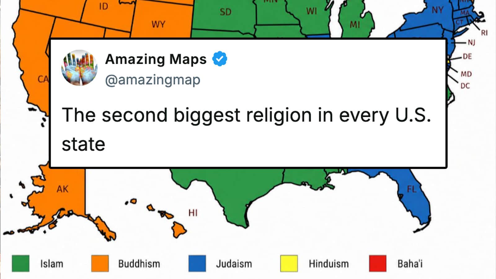 Map of U.S. states showing second biggest religion: Islam, Buddhism, Judaism, Hinduism, Baha'i.