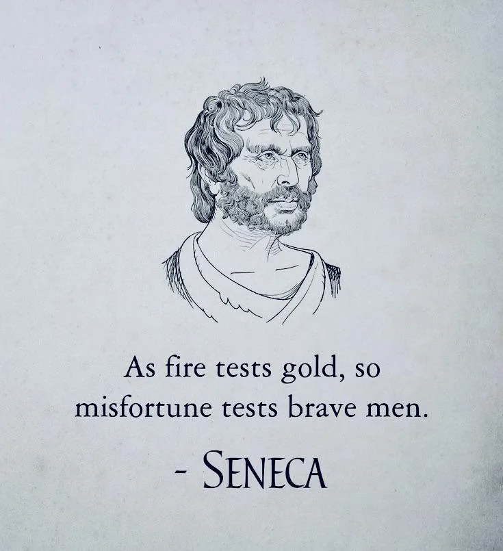 Quote by Seneca: 'As fire tests gold, so misfortune tests brave men.'.