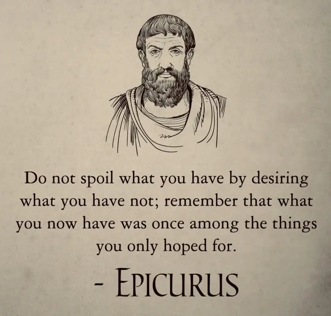 Quote by Epicurus about desire and contentment with a sketch of Epicurus.