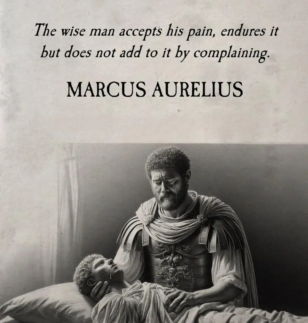 Black and white image of Marcus Aurelius with a child, quote about accepting pain.