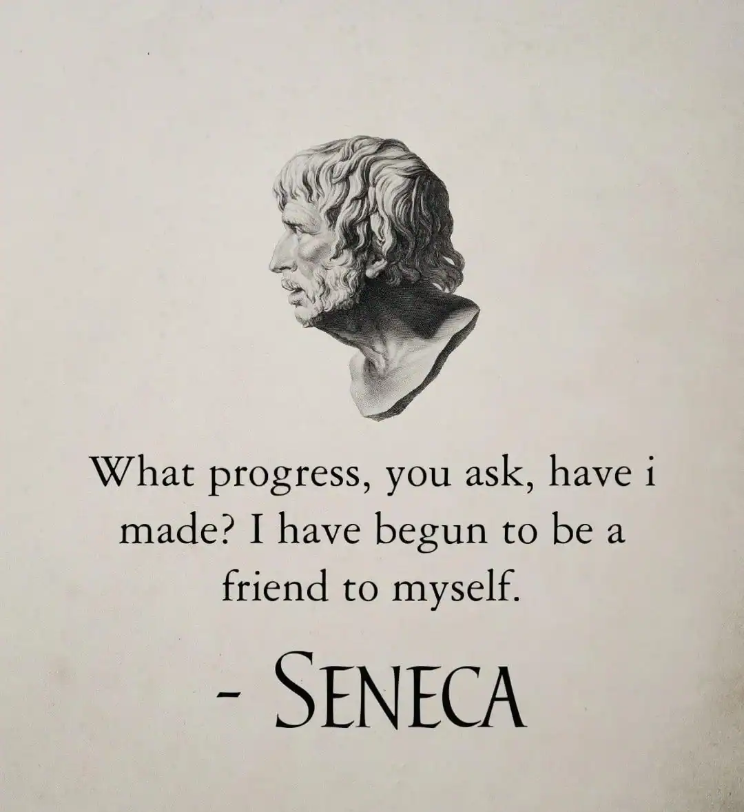 Quote by Seneca about progress and self-friendship with a sketch of a classical bust.