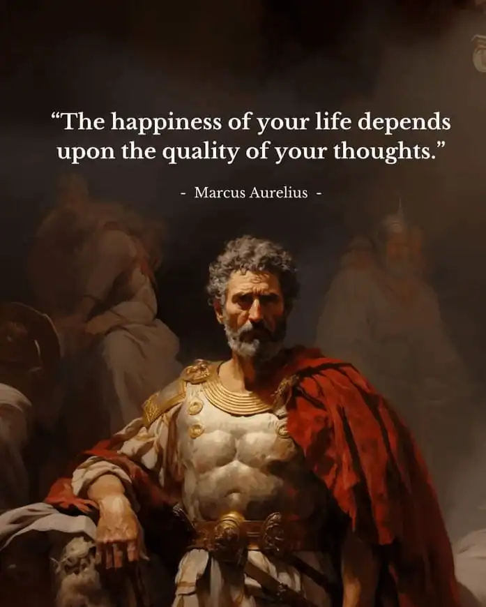 Quote by Marcus Aurelius about happiness and thoughts with Roman emperor image.