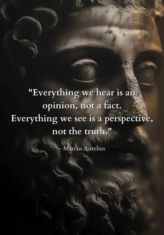Quote by Marcus Aurelius on a dark statue background.
