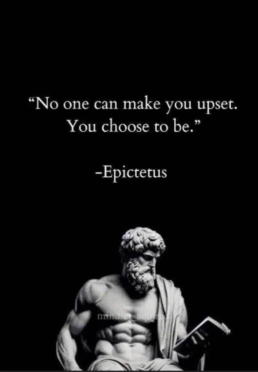 Quote by Epictetus about anger and control with a statue of a bearded man reading a book.