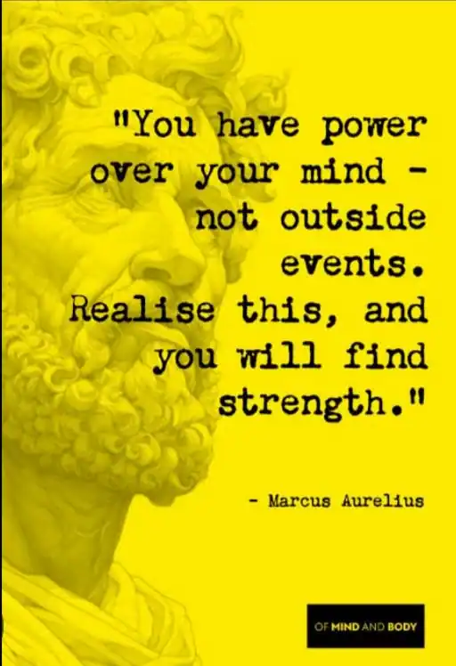 Quote by Marcus Aurelius on a yellow background with a statue image.