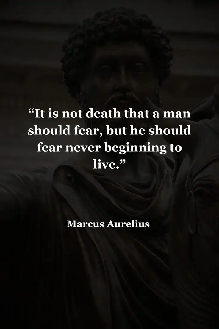 Quote by Marcus Aurelius about fear and death on a dark background.