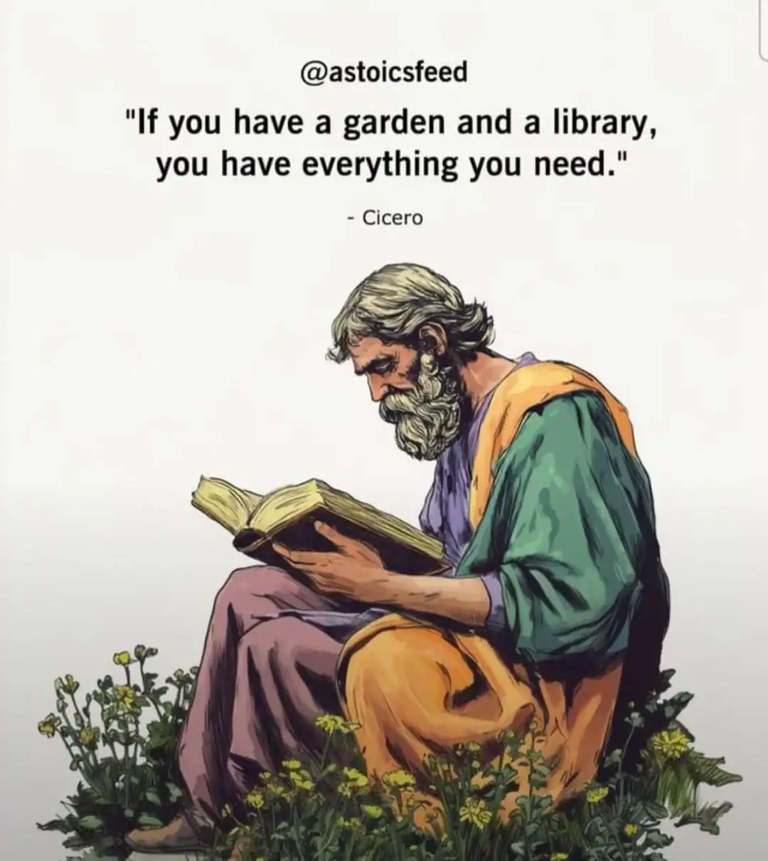 Cicero quote about garden and library with an illustration of a man reading.